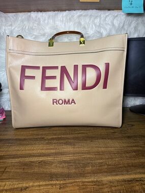 Totes Beige Leather Tote with Pink Logo
